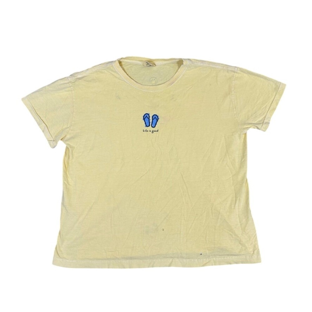 Life is Good Womens XL Yellow Flip Flop Graphic T-Shirt Cotton Made in USA